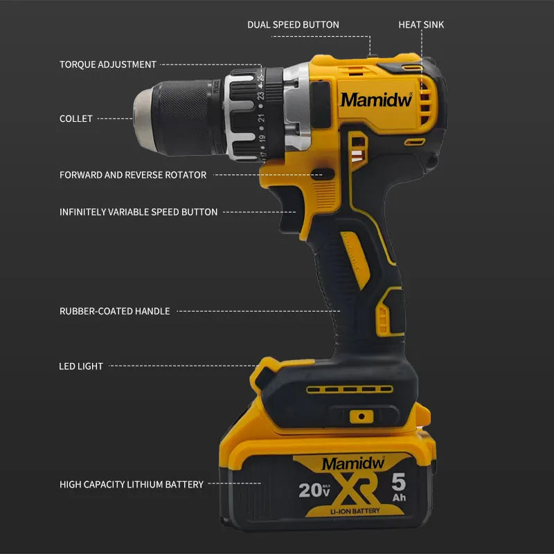 13mm Brushless Cordless Impact Drill – 20V, Fits Dewalt Battery