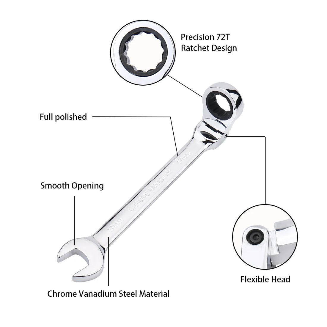 Ratchet Wrench Spanner 72-Tooth Flexible Head
