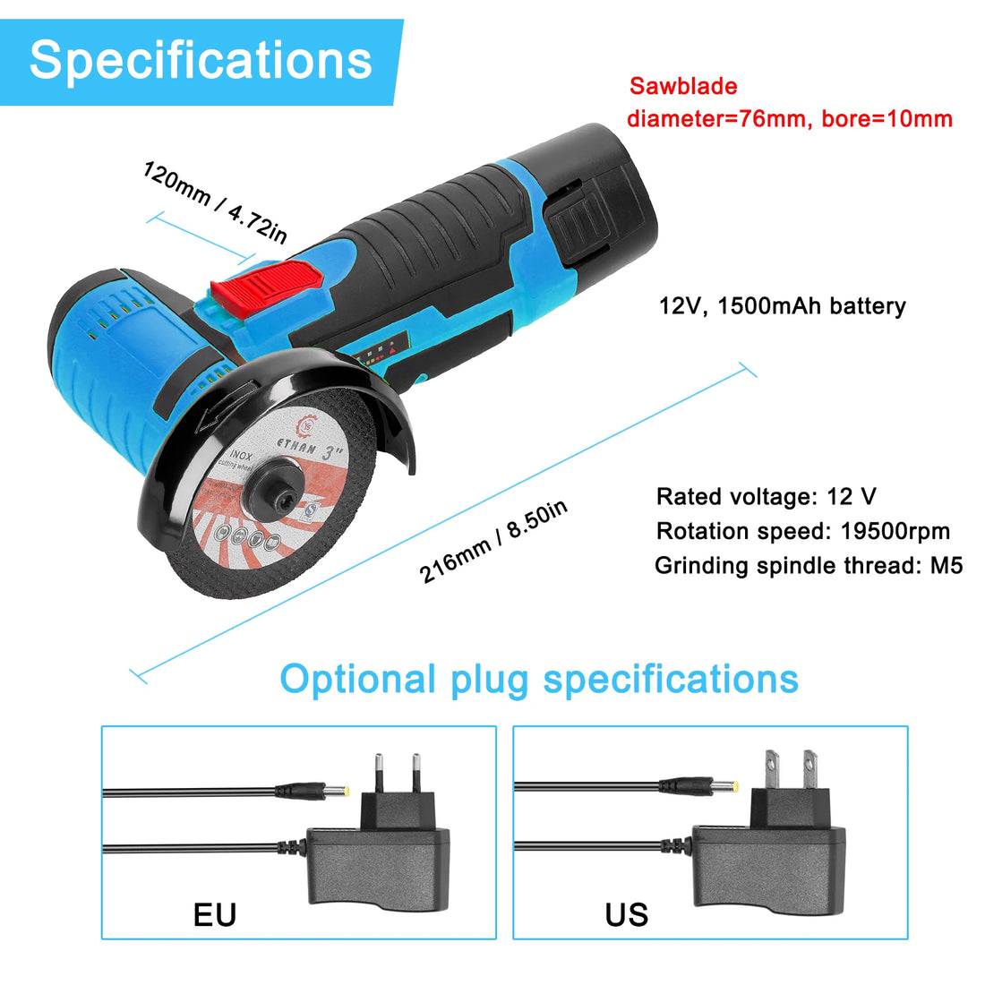 12V Cordless Angle Grinder – 19,500RPM Cutting & Polishing Tool