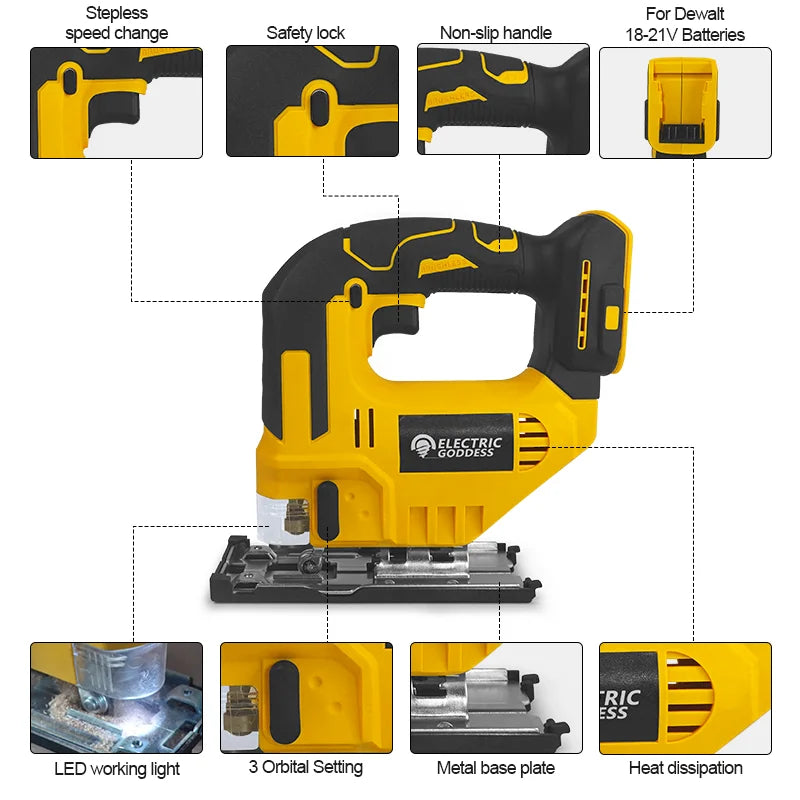 Electric Goddess Cordless Jig Saw – 2700RPM, 3-Speed, Fits Dewalt 20V