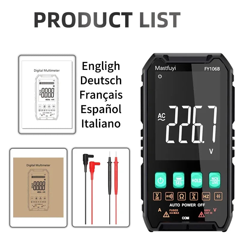 MASTFUYI Digital Multimeter – True RMS Auto-Range Volt/Amp/Ohm Tester