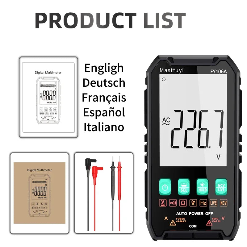 MASTFUYI Digital Multimeter – True RMS Auto-Range Volt/Amp/Ohm Tester