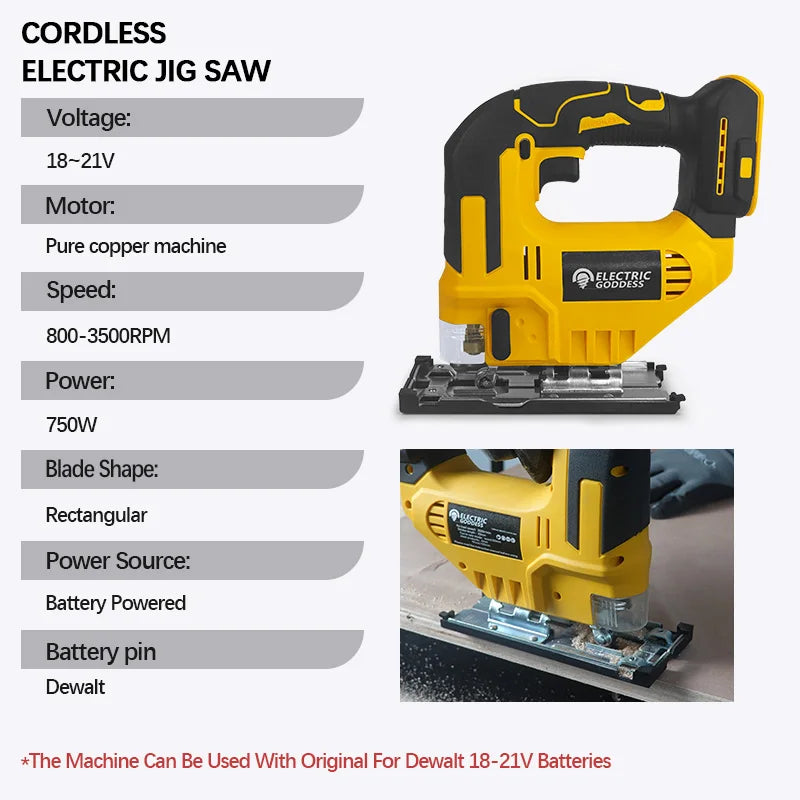 Electric Goddess Cordless Jig Saw – 2700RPM, 3-Speed, Fits Dewalt 20V