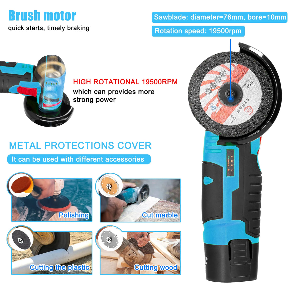 12V Cordless Angle Grinder – 19,500RPM Cutting & Polishing Tool