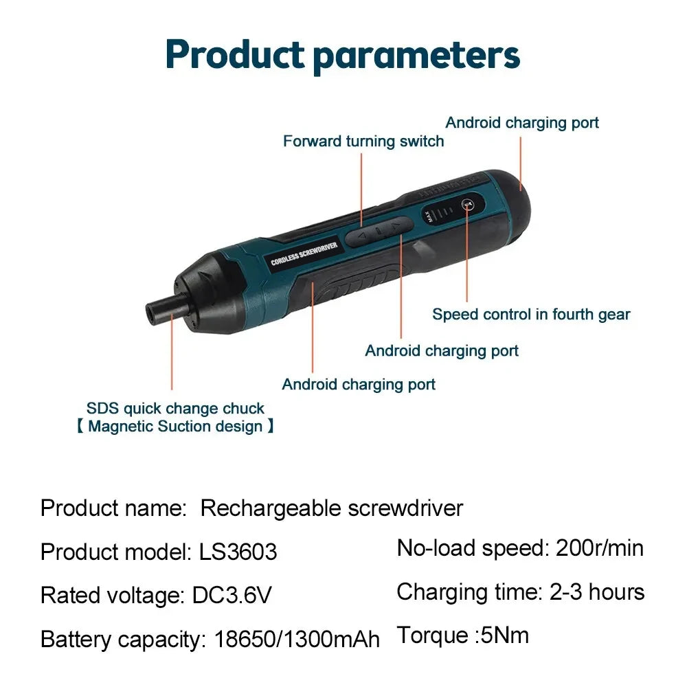 Mini Cordless Electric Screwdriver – 3.6V Rechargeable with Bits Set
