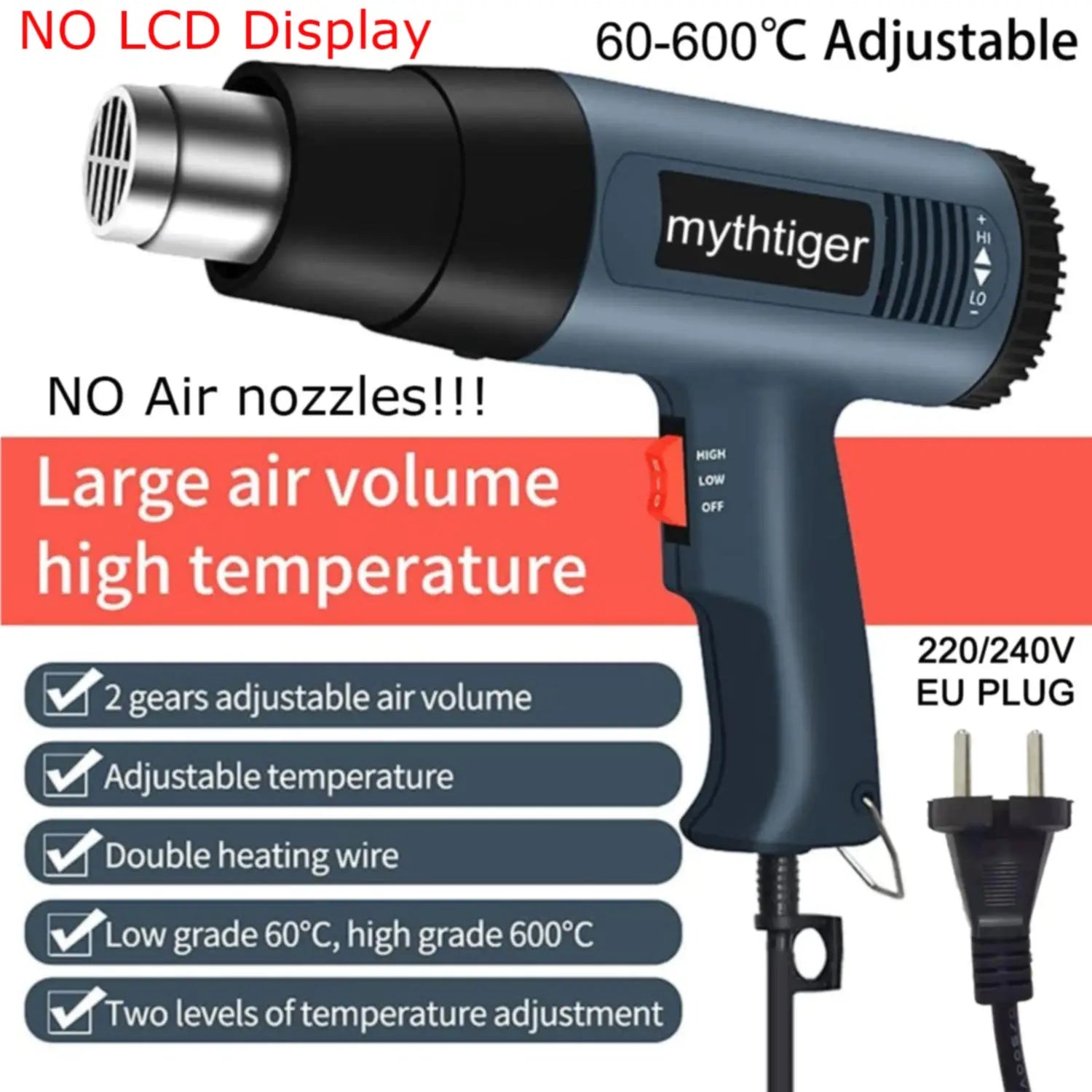 2000W Adjustable Heat Gun with 4 Nozzles – 60°C to 600°C  Bullet