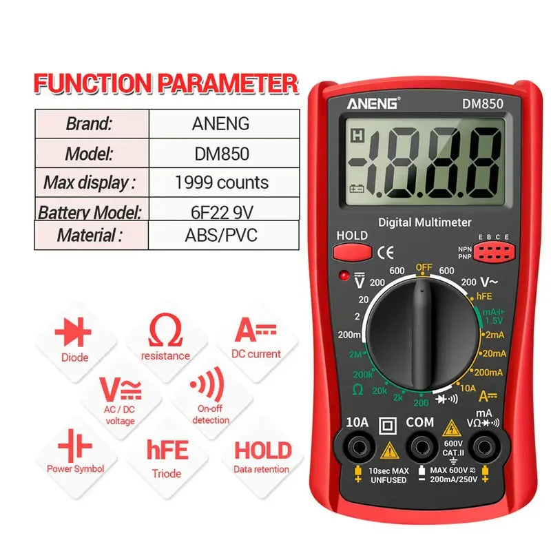 DM850 Digital Multimeter – AC/DC Voltage, Ohm, Current Tester