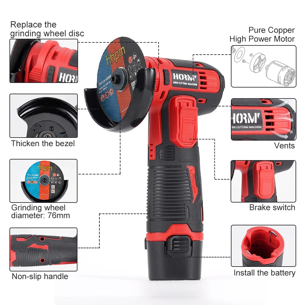 12V Handheld Circular Saw – Red Mini Cutting Machine with Disc