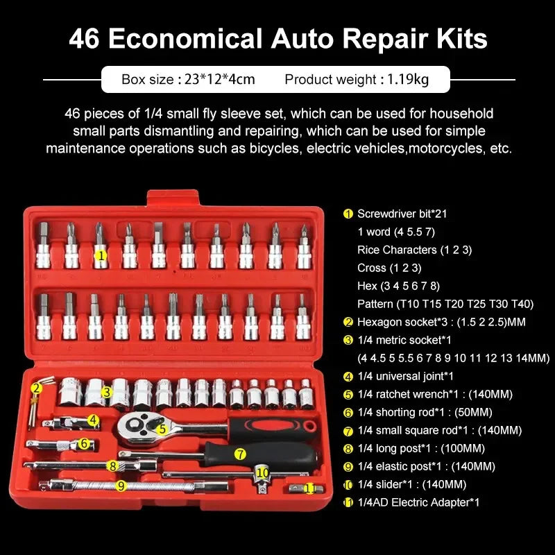 46-Piece 1/4-Inch Car Repair Socket & Wrench Tool Kit