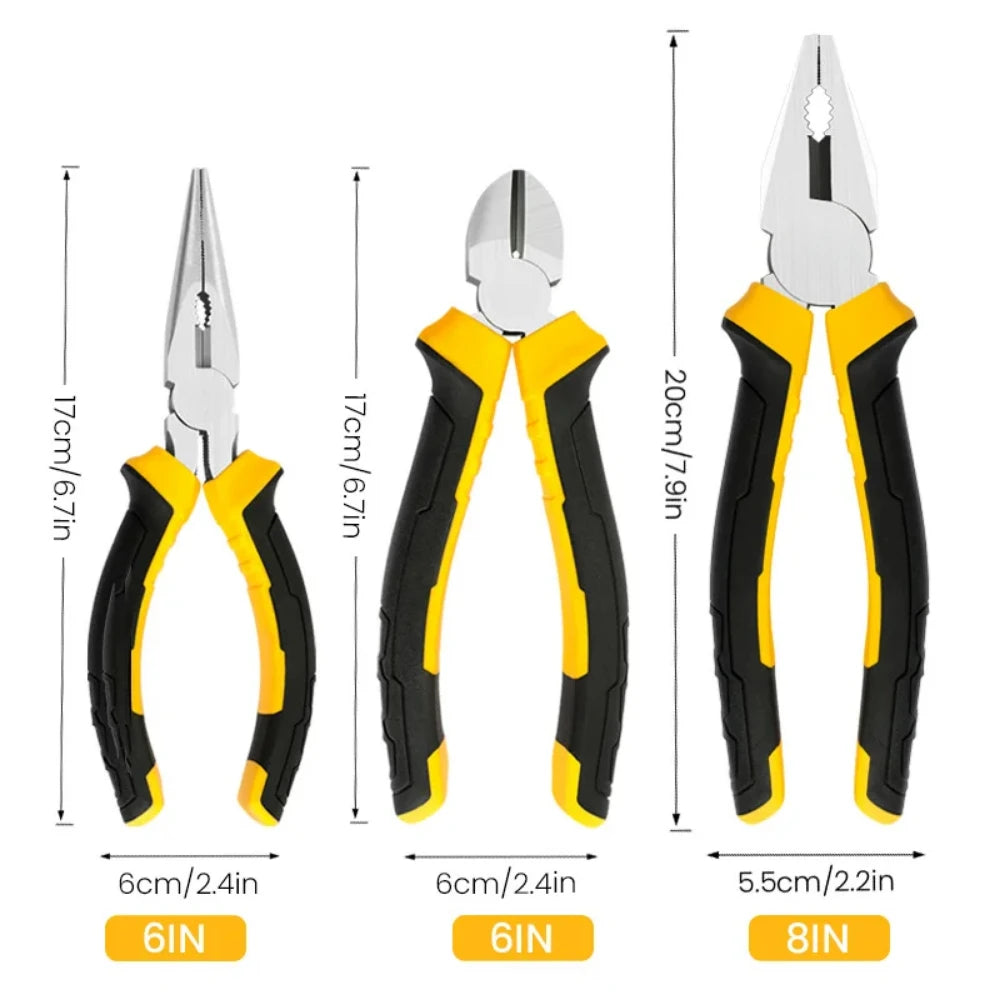 3PCS Pliers Set – 8" Wire Pliers, 6" Needle Nose & Diagonal Cutting Pliers