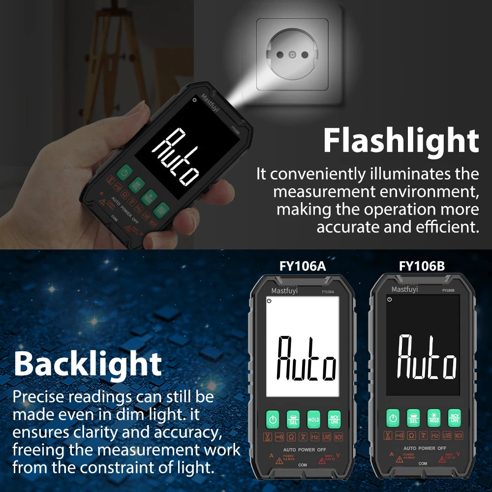 MASTFUYI Digital Multimeter – True RMS Auto-Range Volt/Amp/Ohm Tester