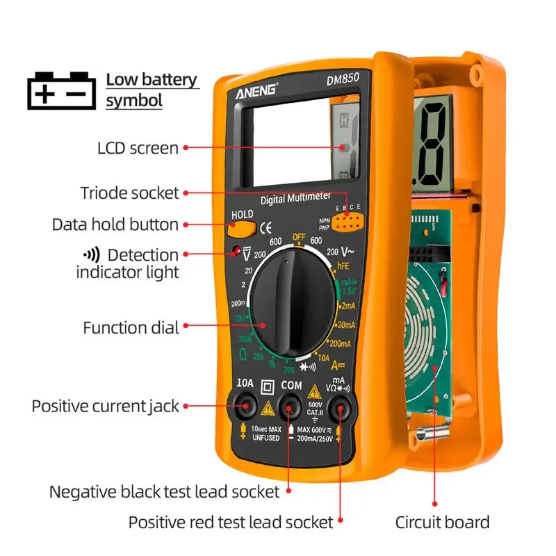 DM850 Digital Multimeter – AC/DC Voltage, Ohm, Current Tester