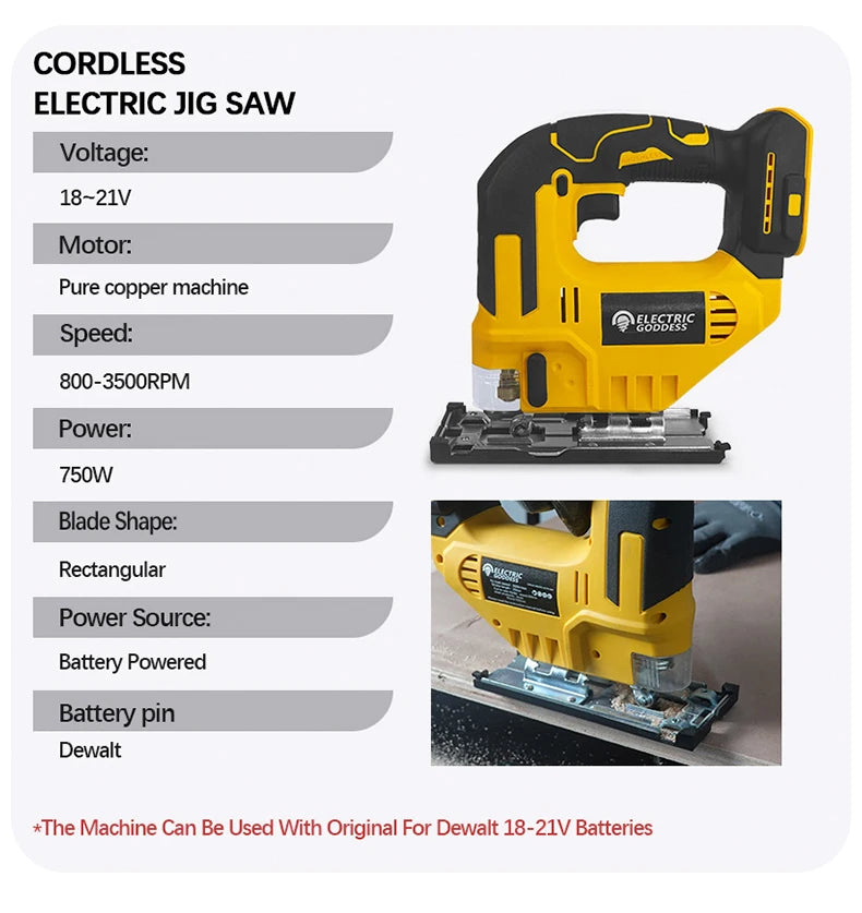 Electric Goddess Cordless Jig Saw – 2700RPM, 3-Speed, Fits Dewalt 20V
